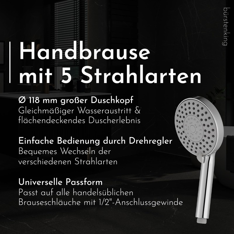 Bürstenking Shower Head Hand Shower with 5 Jet Types, Round