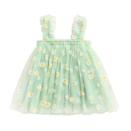 Toddler Kids Girls Princess Dress Daisy/Fruit Embroidery Sleeveless Sling Dress Summer Mesh Tulle Fluffy Dresses (Green Daisy, 6-12 Months)