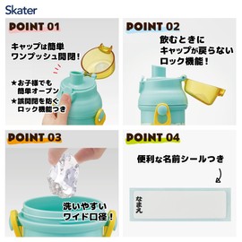 Skater Children's Plastic Water Bottle 480ml One-Push Open/Close Antibacterial Child-Friendly Lightweight Antibacterial Japan-Made Gigantosaurus Boy PSB5SANAG