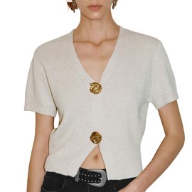 URBAN REVIVO Women's Cardigan Sweaters Short Sleeve V Neck Gold Button Down Cropped Knit Casual Summer Tops White, Medium