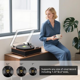 DANFI Audio Record Player Turntable with Full-Sized Platter & Built-in Speakers, Bluetooth Output, 3-Speed Belt-Drive 33/45/78 RPM, Auto Stop,RCA Line-Out,All-in-One Vinyl Player, Brown Wood Finish