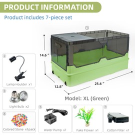 Wedoelsim Turtle Tank kit with Filter+Water Pump+Heat lamp, Wheels, Easy to Move, Imitate The Natural Flows, Suitable for Small Turtle Horned Frog Hermit (XL, Green)