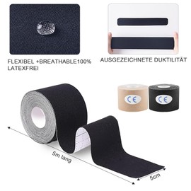 EUDUQ Kinesiology Tape, 2 Rolls Kinesiotapes, 5 m x 5 cm Physio Tape, Waterproof Elastic Sports Tape, Skin-Friendly Kinesio Tape for Knee, Elbow Joints and Shoulders (Black and Skin Colour)