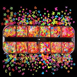Yalibeay 12 Grids Letters Fluorescent Nail Art Colorful Glitters Sequins 3D Letter Flakes Alphabet Heart Nail Art Mixed Designs Nail Accessories for Women Girls Manicure Tips