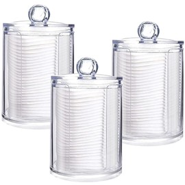 3 Pack Qtip Holder Dispenser Kit for Cotton Ball Round Pads, Clear Plastic Jars Set, Jars with Lids for Bathroom Organization, 10 oz Holder Storage Canister Acrylic Jars, Bedroom Accessories
