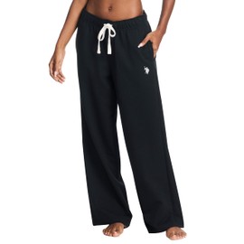 U.S. Polo Assn. Black Wide Leg Sweatpants for Women with Pockets, Premium French Terry Wide Leg Sweats (Black, Large)
