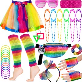Peirich 29 Pieces 80s Costume Accessories for Women, Disco Party Clothing from the 1980s, Leg Warmers, Tutu Skirts, Neon Banana Bags for Women, 80s Dress Up