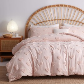 Freyamy Romantic Bed Linen 200 x 200 cm 3-Piece Pink Plain Bed Linen Embroidery Craft Bohemian Soft Warm Bedding Sets Washed Microfibre Duvet Cover with Zip + 2 Pillowcases 80 x 80 cm