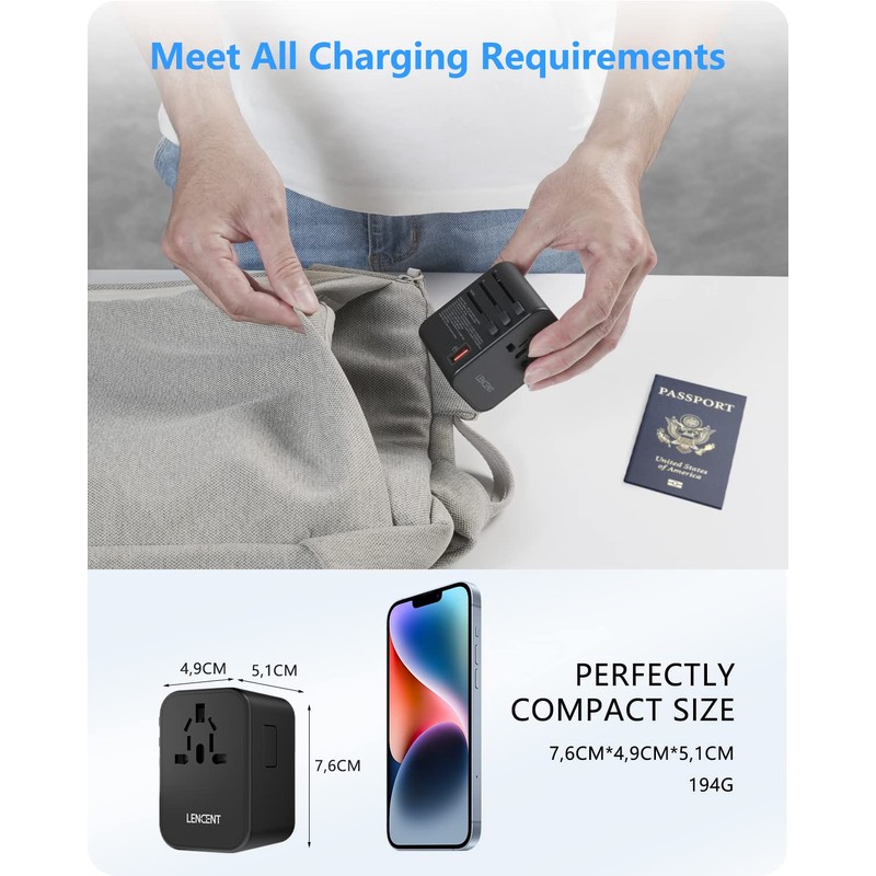 LENCENT Universal Travel Adapter Worldwide Travel Plug with 1 USB