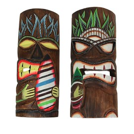 Set of 2 Hand-Carved Polynesian-Style Wooden Surfer Tiki Masks Wall Hanging Tropical Beach Home Decor 12 Inches High - Great for Home Bars, Firepits and Island Themes