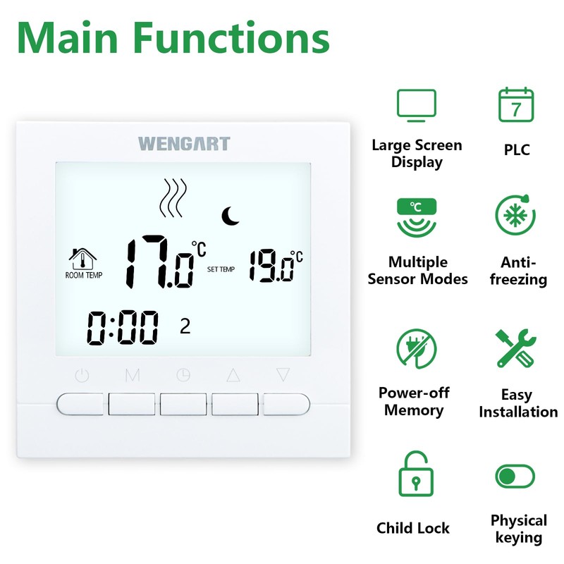 Wengart Heating Thermostat WG02B04,AC230V 3A Large Screen Sisplay,Key Operation,Weekly Programming,
