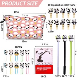 1 Piece of Panda Pencil Case, 1 Piece of Note Pad, 6 Pieces of Gel Pens, 10 Pieces of Wooden Clips, 10 Pieces of Paper Clips, Panda Themed Stationery, Study and Office Supplies