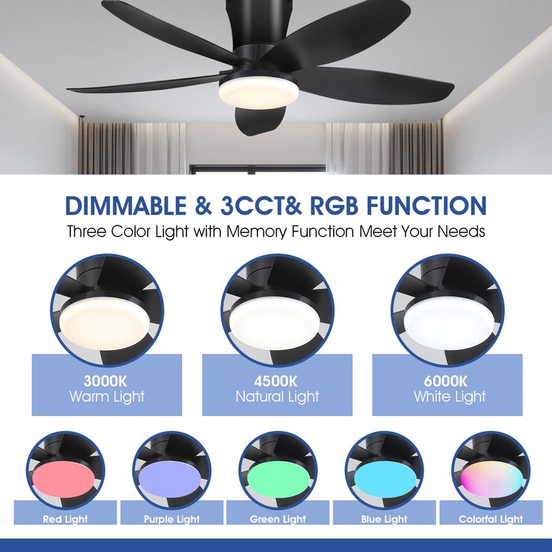 Surtime Flush Mount RGB Ceiling Fans with Lights-36 Low Profile