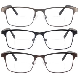 SOPHILY 3 Pack Bifocal Reading Glasses for Men Metal Full Frame Bi-focal Readers Clear Top Far/Near Dual-use Eyeglasses,Black/Brown/Gun metal, +3.00