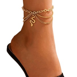 Cubahop Layered Beach Tassel Snake Ankle Heart Ankle Bracelets Summer Foot Accessories Jewellery for Women and Girls (Gold Snake)