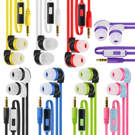JustJamz 50× Multipack Wired Earbuds with Microphone | for Schools, Libraries, Museums, etc. | 8 Assorted Colors of Headphones with Microphone | Affordable 3.5 mm Headphones for Kids & Adults
