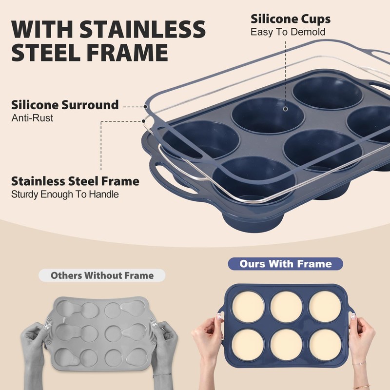 Vnray 2 Pack Jumbo Silicone Muffin Pan with Metal Frame,