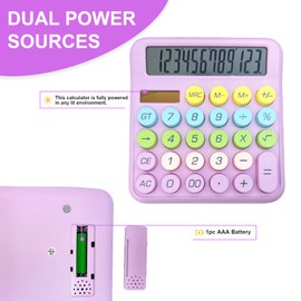 Cute Desktop Calculator, 12 Digits Large Calculator with Clear LCD Display and Large Button, Solar/Battery Powered, Basic Calculator for Business, Office, Home, School, Class (Purple)