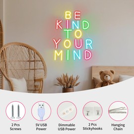 Neonawall Be Kind to Your Mind Letter Neon Sign for Living Room LED Lights for Home Dimmable Neon Signs for Teen Bedroom Wall Decor 12.2x15.2 inch