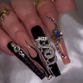 SINHOT Coffin Press on Nails Long Fake Nails Glossy Glue on Nails 3D Silver Dragon Acrylic Nails Black Ballerina Artificial Nails Luxury Rhinestones Stick on False Nails with Design 24 pcs
