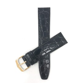 Bandini Extra Long (XL) 12mm Womens Italian Leather Watch Band Strap - Black - Crocodile Pattern - Thin - Slim - Gold Buckle