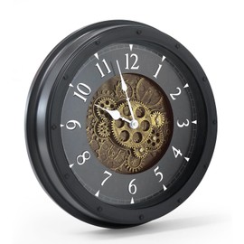 Wall Clock with Moving Gears, Vintage Industrial 16-Inch Silent Non-Ticking Steampunk Timepiece, Retro Frame Analog Battery Operated Rustic Mechanical Decor for Living Room, Home, Office, Loft (Black)