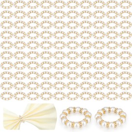 Tanlade 50 Pcs Wedding Pearl Napkin Rings Imitation Pearl Beaded Napkin Rings Holder Silver White and Gold Elastic Dinner Table Decor Rhinestone Serviette Rings for Table Party Decorations