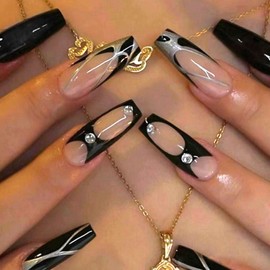 Press on Nails Medium Coffin Fake Nails French Tip Nails Press ons Glossy Glue on Nails Black False Nails with Rhinestones Silver Irregular Pattern Designs Artificial Stick on Nails for Women 24Pcs