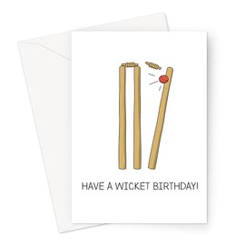 Have A Wicket Birthday! Greeting Card | Red Cricket Ball Knocking Wicket Down, Illustrated Cricket Pun Card for Son, Brother, Nephew, Cousin