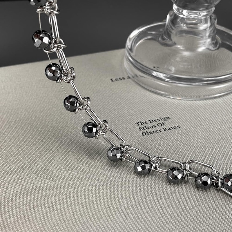 Women's Hematite Power Stone Bracelet, Black Beads, Stainless Steel Chain,