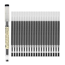 Gel Ink Pen Refills Rods 0.35mm Ultra Fine Black Quick-Drying Gelpen Ballpoint for Finance Marker Pens School Office Exam Supplies Student Writing Drawing Stationery(1 Pc Pen+20 Pc Refill) (Black)