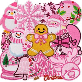 16PCS Pink Christmas Iron On Patches Trendy Unique Designs Cute Embroidered Holiday Appliques for Clothing Jackets Trucker Hats Backpack Jeans Bags Festive Xmas DIY Repair Decoration