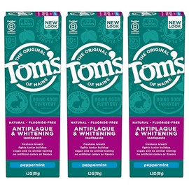 Tom's of Maine Fluoride-Free Antiplaque & Whitening Natural Toothpaste, Peppermint, 4.2 oz. 3-Pack (Packaging May Vary)