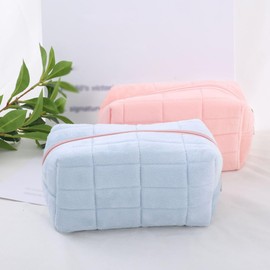 ccHuDE Plush Travel Cosmetic Bag Portable Toiletry Bag Makeup Brushes Storage Bag Cute Makeup Pouch Checkered Zipper Cosmetic Pouch White