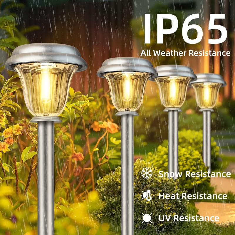 DERAYSION Solar Lights Outdoor Waterproof, Brushed Stainless Steel Glass Solar