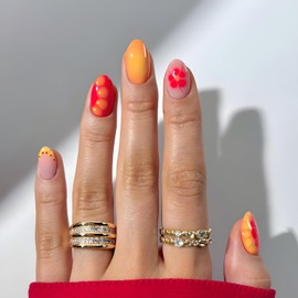 24Pcs Fake Nails Flower Press on Nails Short Almond False Nails Colorful Spring Stick on Nail Full Cover Glossy Nails Press Ons DIY Gradient Glue on Nail for Women and Girls