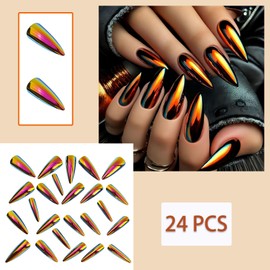 Gold Chrome Press on Nails Mirror Metal Stiletto Fake Nails Metallic Chrome False Nails Golden Luxurious Metal Mirror Acrylic Glue on Nails Stick on for Women Manicure Decoration 24Pcs
