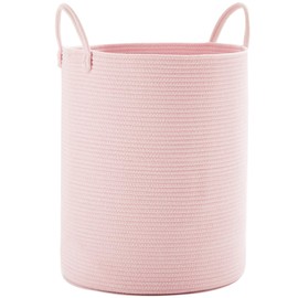 MOJOSCEND 80L Extra Large Pink Hamper Laundry Basket for Baby Girls Tall Nursery Hamper for Kids Woven Rope Clothes Basket for Little Girls Room Bedroom Light Pink Kawaii 16"D x 22"H