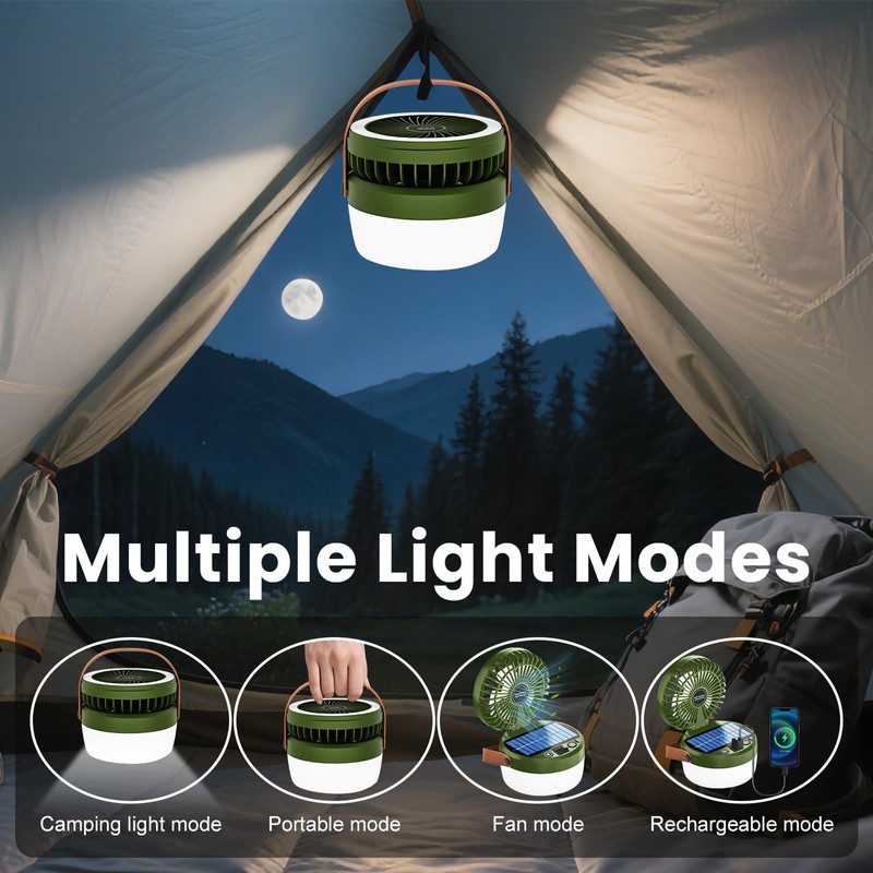 Solar Camping Fan Rechargeable Camping Light, Folding Portable Solar Outdoor