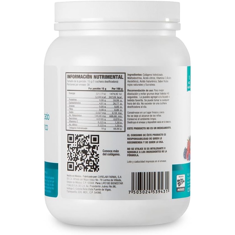 Life180, Colágeno Hidrolizado más Ácido Hialurónico en Polvo, Sabor Moras,