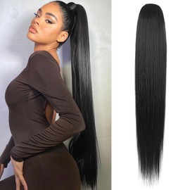 REECHO ponytail extension, 36 Inch Drawstring Ponytail Long Straight Synthetic Pony Tails Natural Soft Clip in Hair Extension ponytail Hair Pieces for Women (Natural Black)