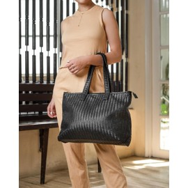 Jild Hobo Style Woven Bag for Women - Soft Handmade Top Handle Premium Quality Leather Tote Bag - Cross Body Travel Handbag (BgZip-Black)