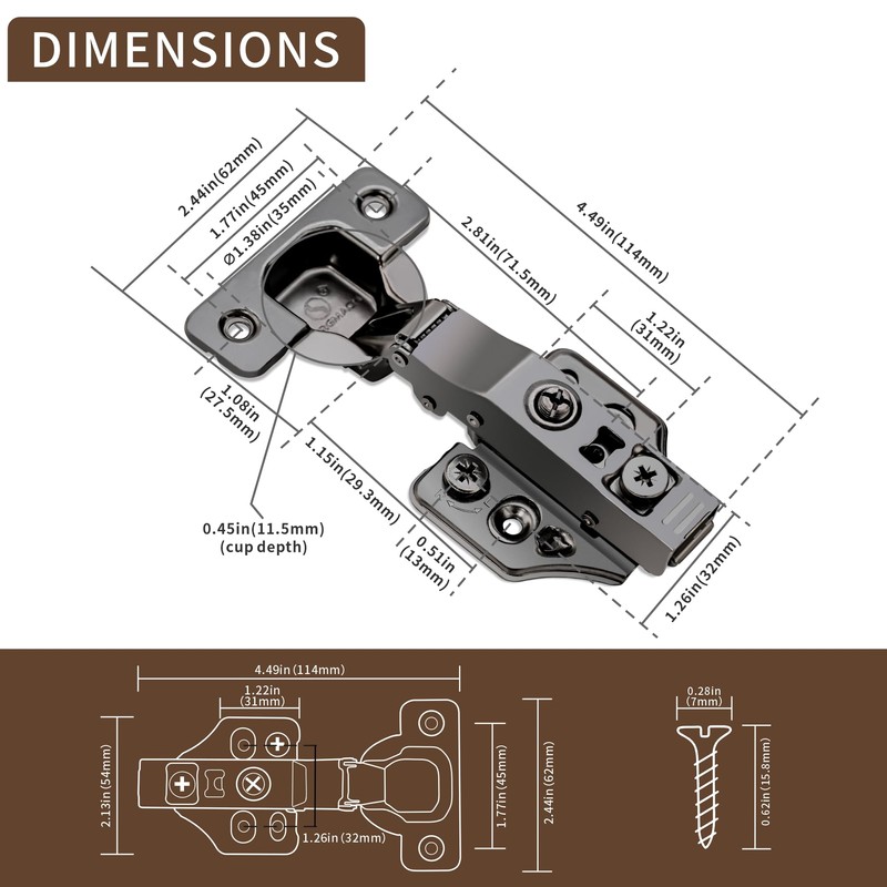 10 Pack Full Overlay Soft Close Cabinet Hinges 105° Frameless