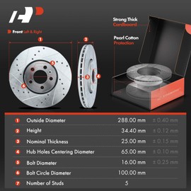 A-Premium 11.34 inch (288mm) Front Drilled and Slotted Disc Brake Rotors + Ceramic Pads Kit Compatible with Select Volkswagen Models - Jetta 1999-2005, Golf 2000-2006, Beetle 2000-2010, 6-PC Set