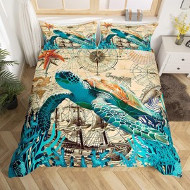 Feelyou Sea Turtle Bedding Set Queen Size Kids Nautical Sailboat Anchor Comforter Cover Set for Boys Girls Teens Compass Print Sea Adventure Duvet Cover Summer Ocean Voyage Bedspread Cover Room Decor