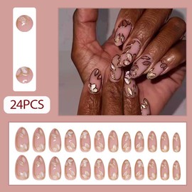 Hrnsnails Nail Press ons, Almond Press On Nails Short Pink Fake Nails with Butterfly Glitter Simplicity Manicure Design, Acrylic Artificial False Nails Press On Stick On Nails for Women