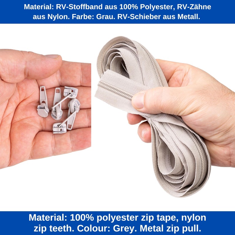 Endless Zipper, 330 cm Total Length, Size #5, Grey, Non-Separable,