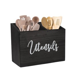 Gzsekken Kitchen Utensil Holder,Black Utensil Holder 2 Compartment,Wood Utensil Organiser for Kitchen Counter, Farmhouse Cutlery Caddy Cooking Tools Storage Caddy Utensil Holder for Fork Spoon
