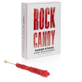 Red Rock Candy Sugar Sticks - Strawberry Flavored - 12 Individually Wrapped Candy