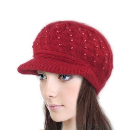 Dahlia Women's Newsboy Cap - Angora Wool Winter Hat w/Faux Pearl, Red